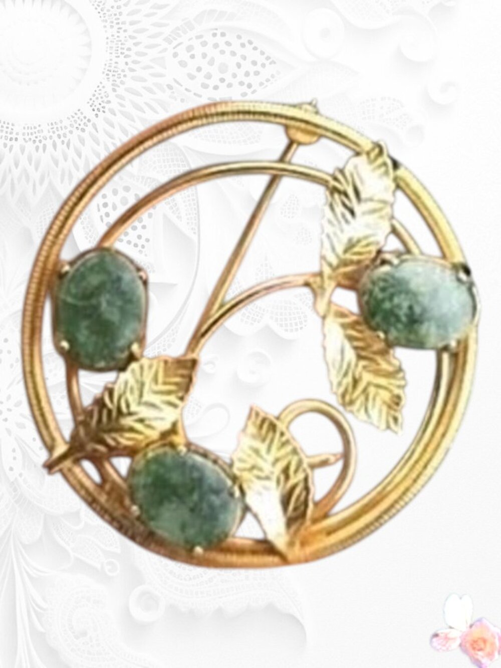Signed CARLA Aventurine Quartz Cabochon Leaf Brooch 14K GF Gold Filled